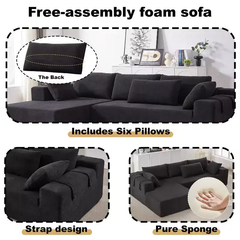 Modern Chenille Upholstered Sectional Sofa Couch Set, Modular 108 L-Shaped Sectional Living Room Sofa Set with 6 Cushions