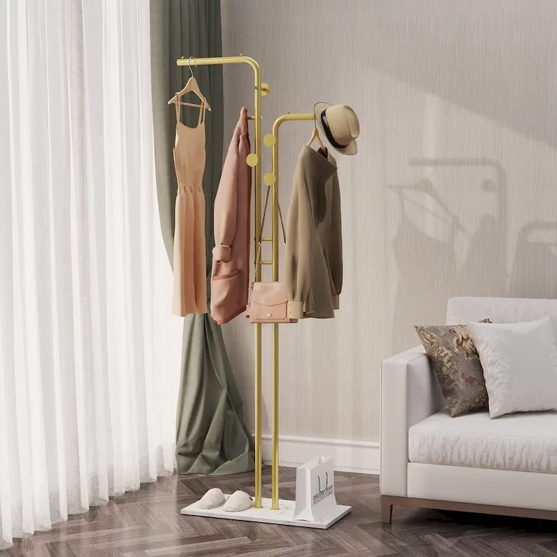 Gold & White Freestanding Coat Rack with Granite Base and 5 Hooks - Single Use