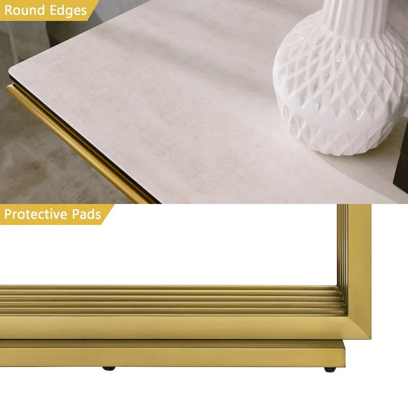 Glam 60 inch Rectangular Glass Console Table with Brushed Gold Stainless Steel Base