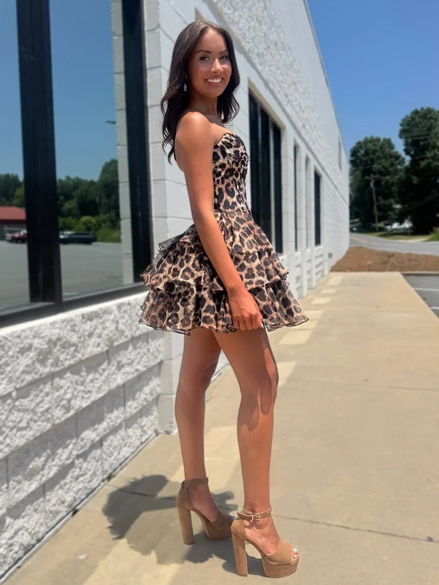 Leopard - Strapless Leopard Print Chiffon A Line Homecoming Dress With Beading