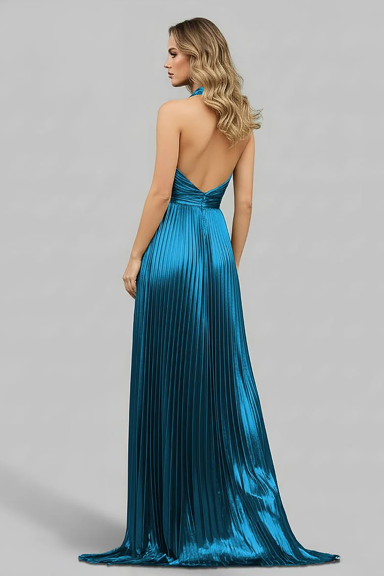 Peacock Blue Halter Neck A-Line Long Prom Dress With Split