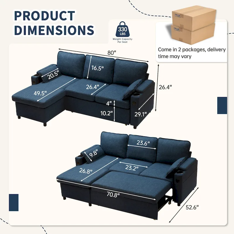 80 L-Shaped Sofa Couch Bed, Sofa Sleeper with Pull Out Bed, Reversible Sleeper Sofa Bed