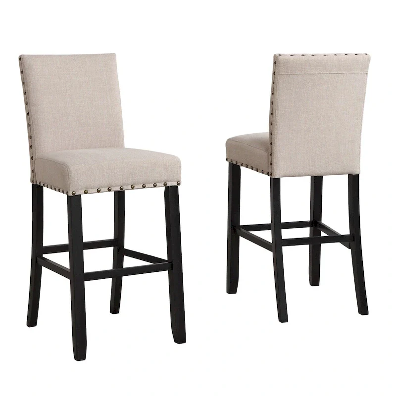 Biony 3-Piece 36 Round Espresso Finish Bar Table with 2 Tan Fabric Nail Head Pub Chairs