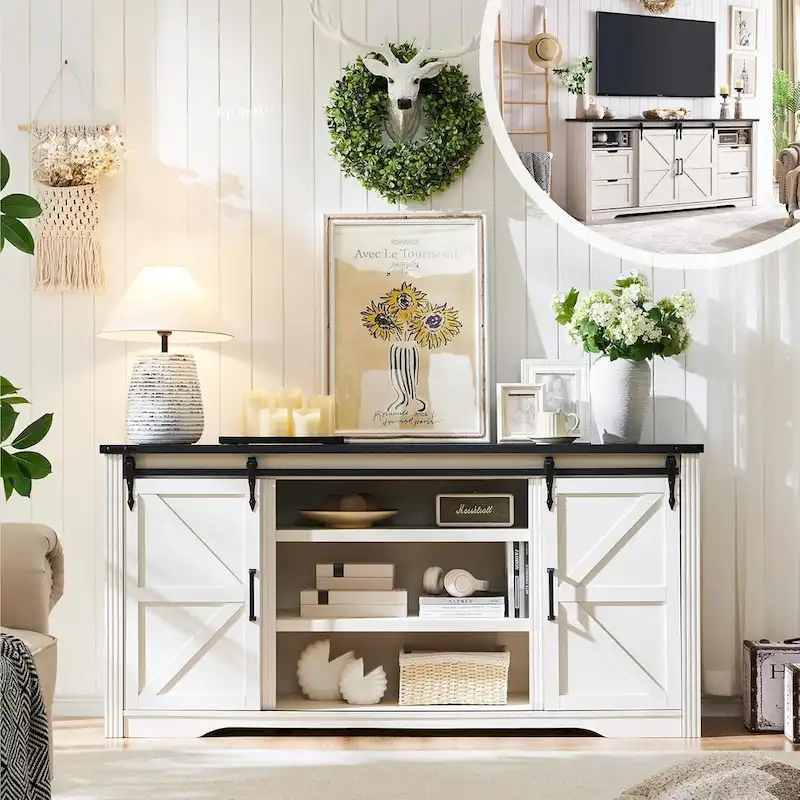 32  Tall Farmhouse TV Stand for 80  TV, Wood Entertainment Center