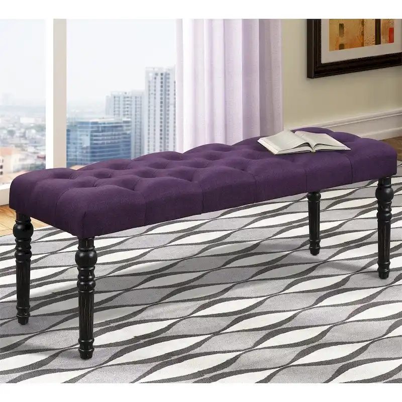 Purple / Blue / Tan / Grey Fabric Button Tufted Dining Bench with Turned Legs - Fits 2 People