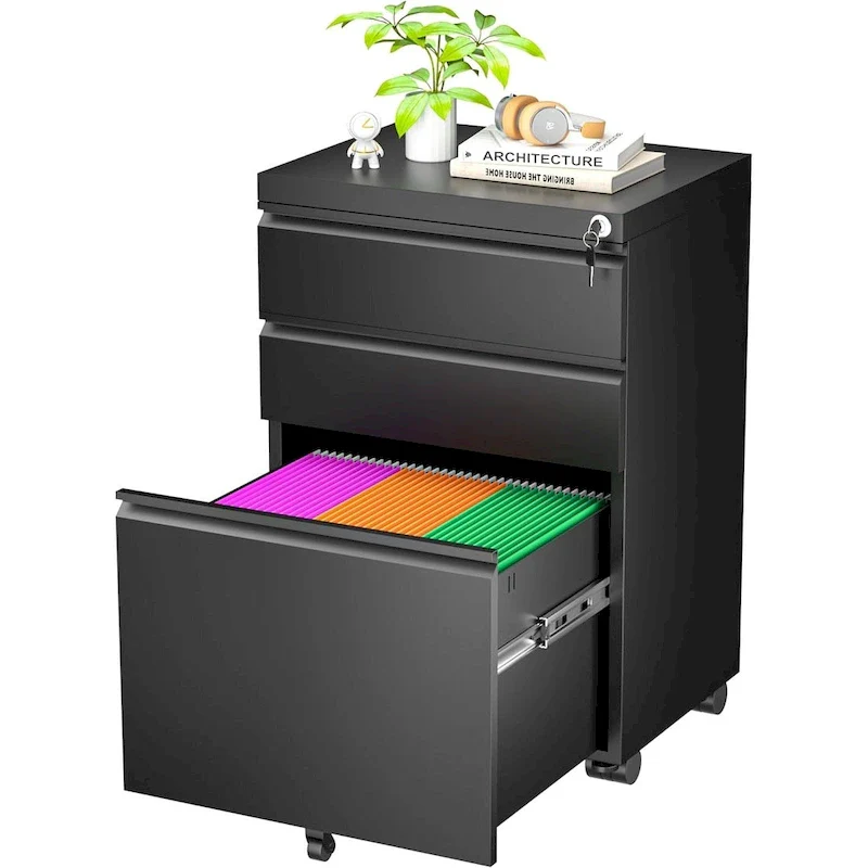 3-Drawer Metal File Cabinet with Wheels / Vertical | Black, Orange, Blue, White, Pink, Grey | 1-Person