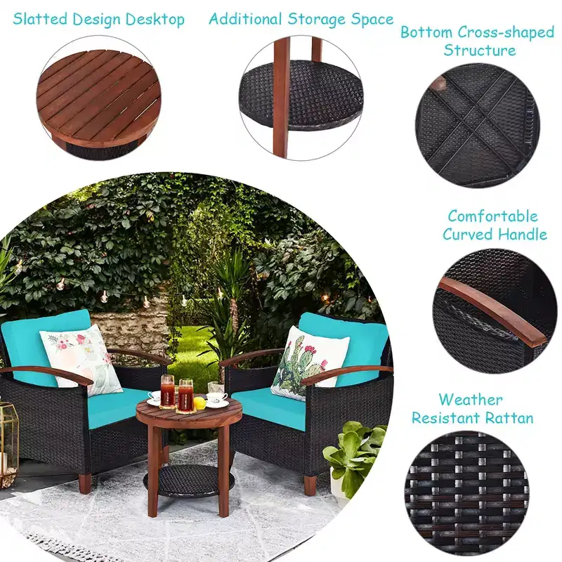 Costway 3PCS Patio Rattan Furniture Set Wooden Frame Cushion Table Shelf Red\Beige\Blue
