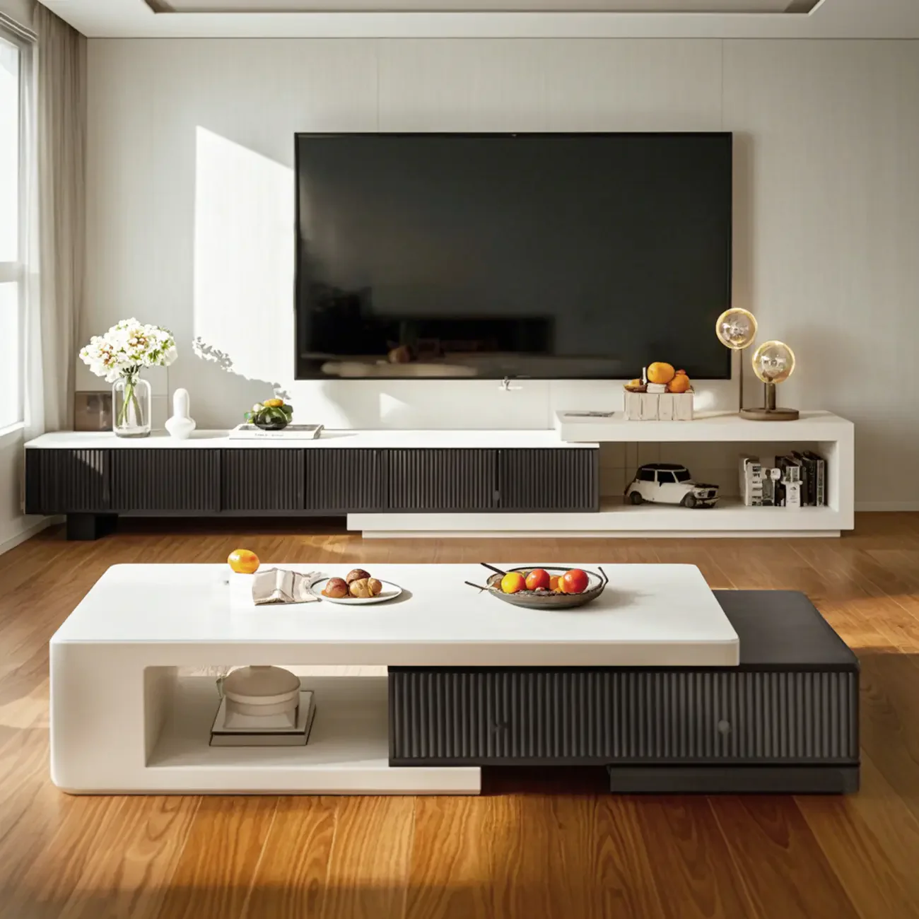 Modern Rectangular White Coffee Table with Extendable Design