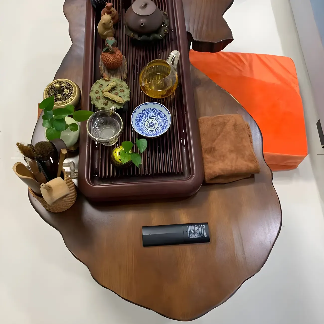 Geometric Modern Red Wood Top Steel Base Coffee Table