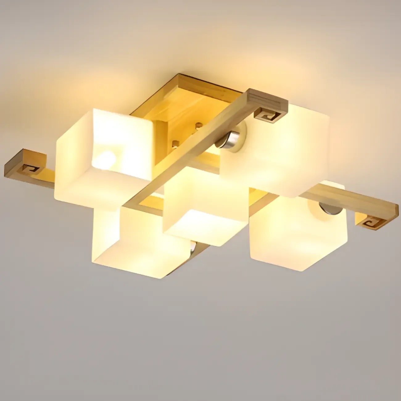 8.5 Height Square Glass Natural Wood Semi Flush Ceiling Light