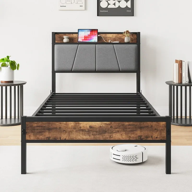 Twin Size Bed Frame, Storage Headboard with Charging Station, No Box Spring Needed