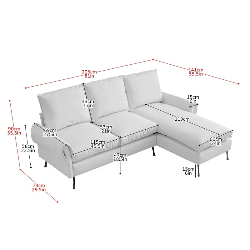 Modern Faux Leather L-Shaped Sofa with Reversible Chaise Lounge