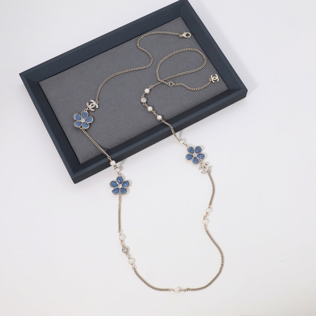 CCL116 Chanel Cowboy Petals pearl long chain sweater necklace - ccjewelryacc