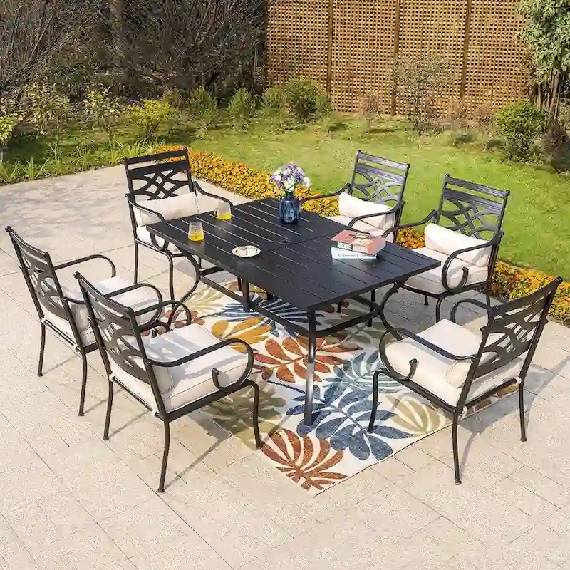 MAISON ARTS 7-Piece Outdoor Dining Set Steel Rectangle Table & Elegant Cast Iron Pattern Dining Chairs