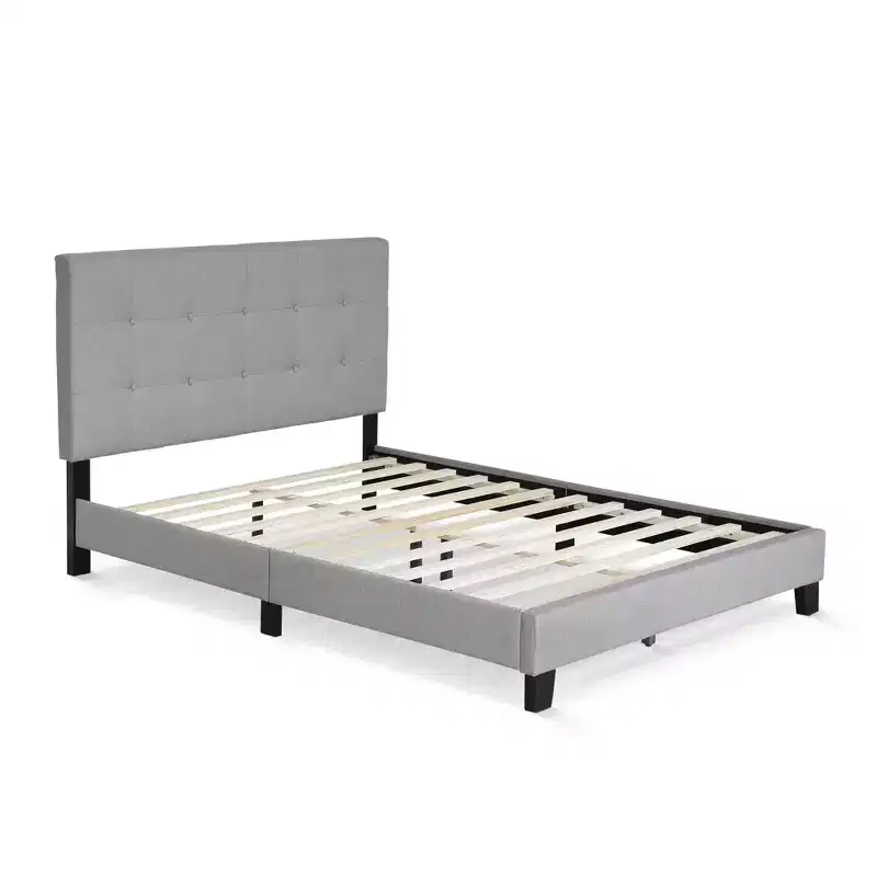 Furinno Full/Queen Size Upholstered Bed Frame Button Tufted Headboard Bedframe 12PC Slat Mattress Foundation,Gray