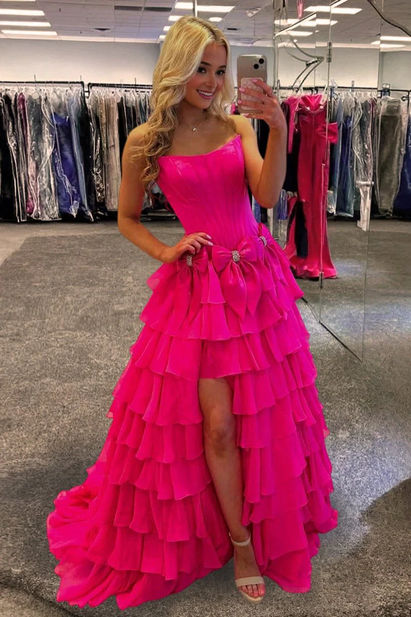 Fuchsia - Scoop Neck A Line Chiffon Tiered Prom Dresses With Bowknot
