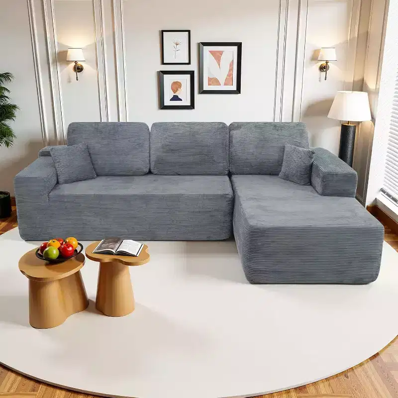 MooxvMoo 105 Modular Sectional Sofa with Throw Pillow&Deep Seat for Living Room,Comfy Corduroy L Shaped Couch with Chaise,No Assembly Required, Gray