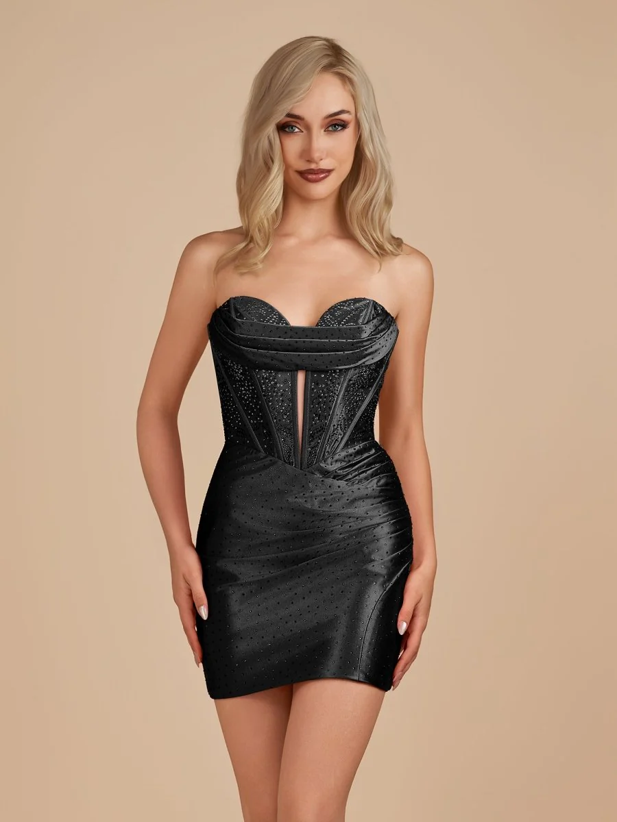 Black - Strapless Bodycon Satin Short Homecoming Dress With Beading