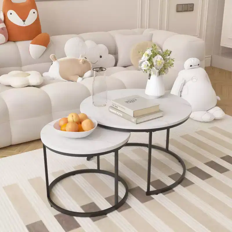 TUYOHW Nesting Coffee Table Set of 2,Round Marble-Pattern Top Cocktail Tables with Metal Legs,19.6+27.5End Tables with 120lbs Capacity