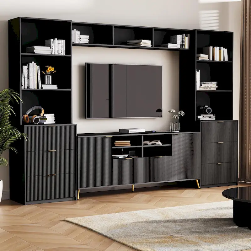 4-Piece Entertainment Wall Unit with 13 Shelves, 8 Drawers, and 2 Cabinets