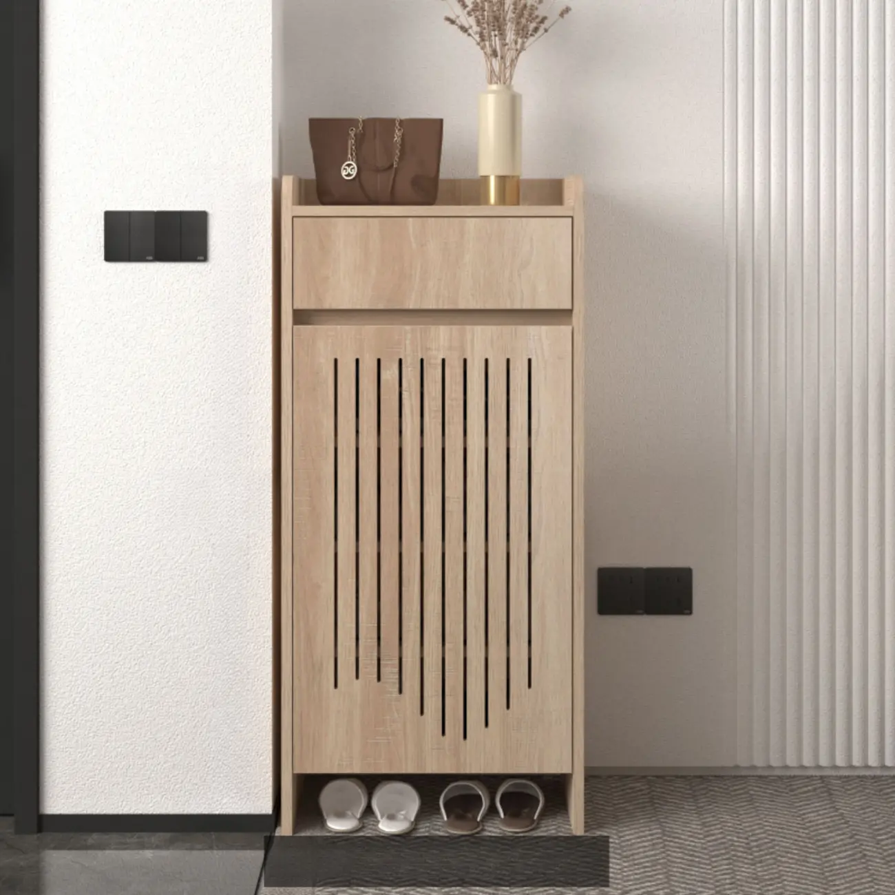 Modern Slim Wood Beige Entryway Shoe Cabinet