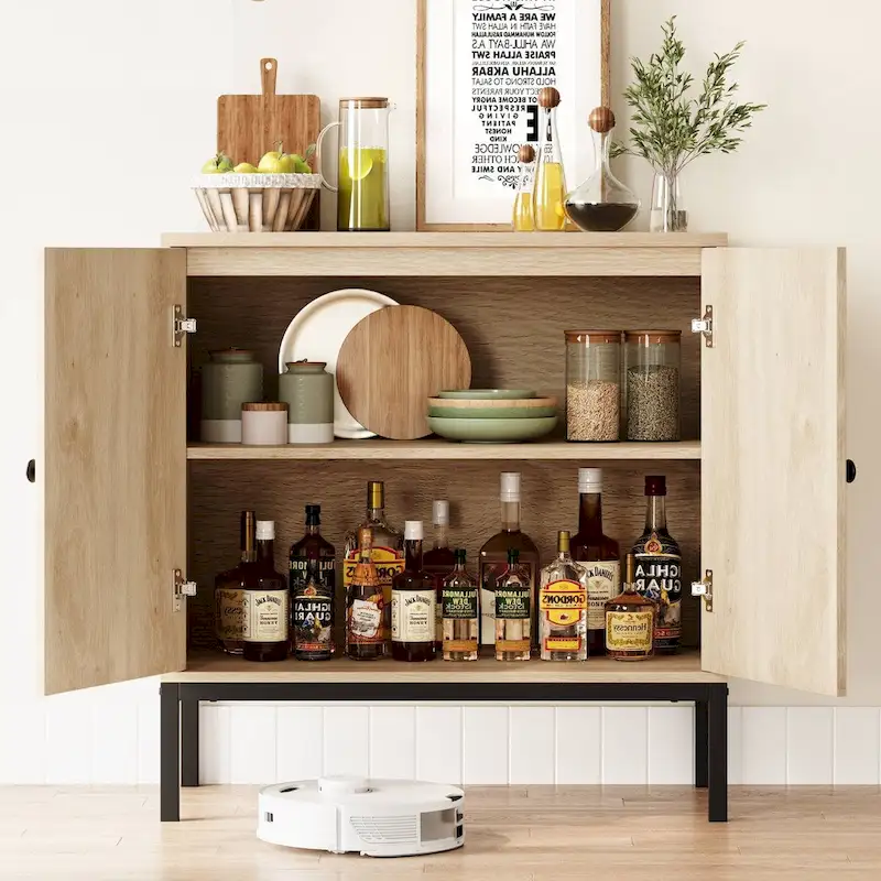 Beige Rattan Storage Cabinet with Doors and Shelves - N/A