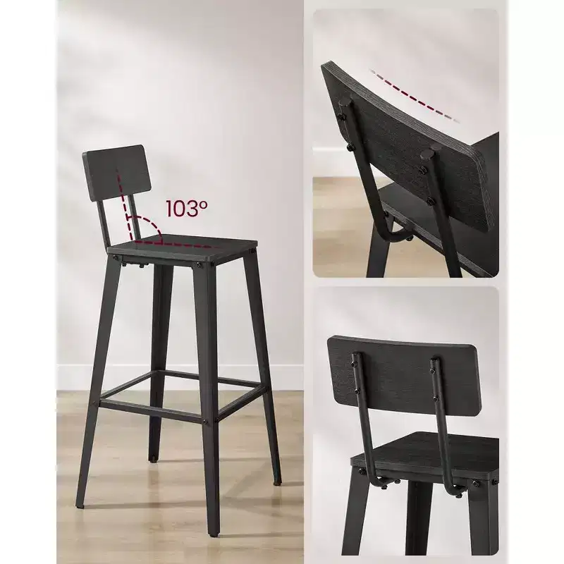 VASAGLE Set of 2 Bar Stools, Bar Height Stools, Tall Bar Stools with Back, Bar Chairs, Steel Frame, Industrial Style