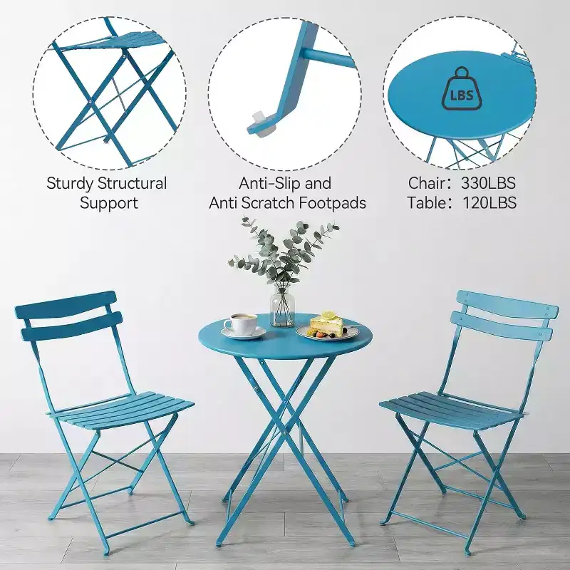 GustoWave 3-Piece Foldable Metal Bistro Set With Round Table, 2 Chairs