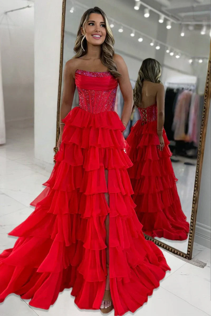 Red - A Line Strapless Chiffon Beaded Corset Long Prom Dress With Slit