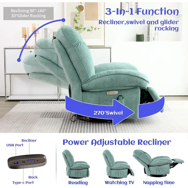 Swivel Power Recliner Chair, Massage Rocker with Heat, USB, USB-C and Side Pocket