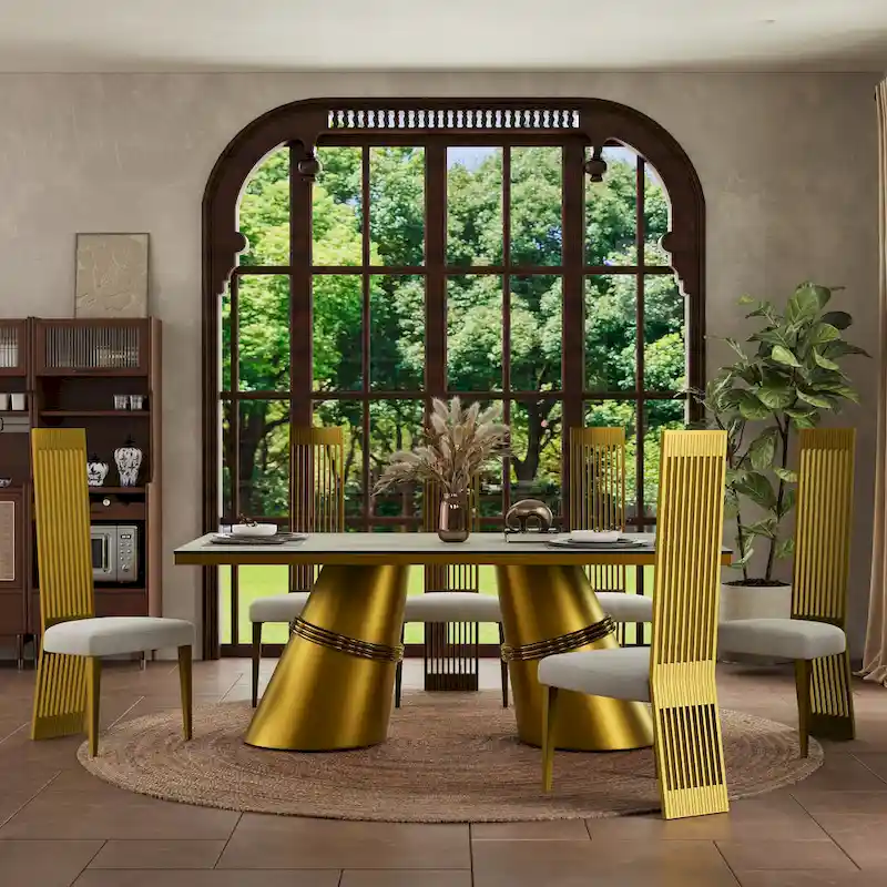 White & Brushed Gold Tempered Glass Dining Table with Tapered Barrel Base – Seats 6–8