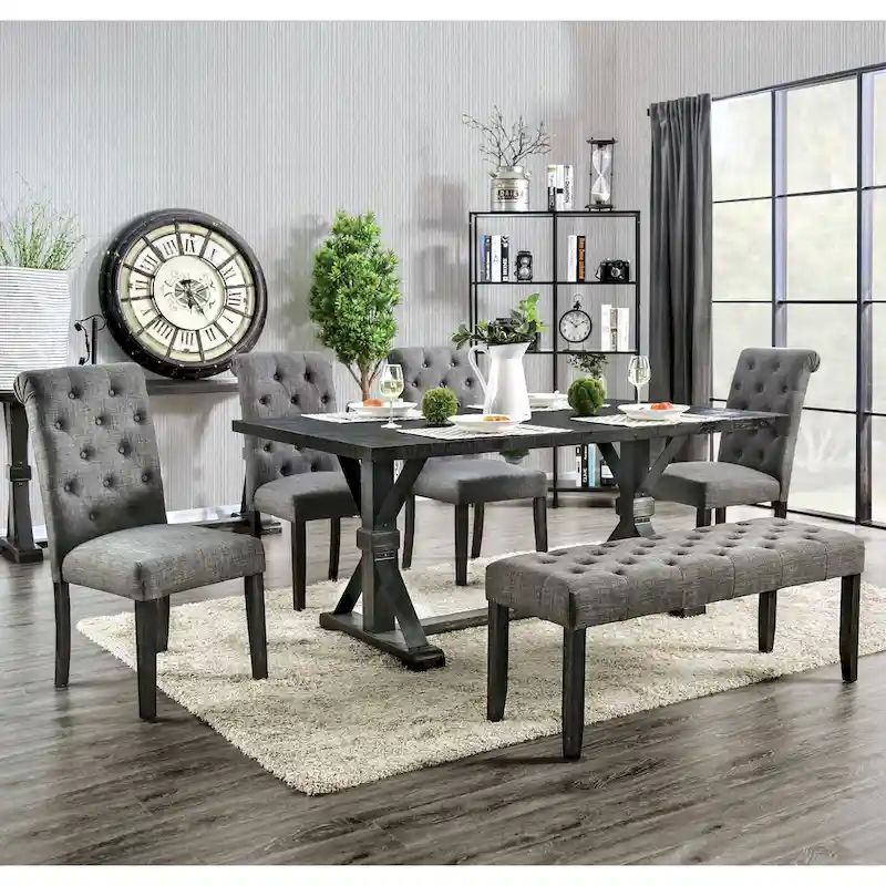 Chalwa Rustic Wood Upholstered 6-Piece Dining Set with Table and 4 Chairs and 1 Bench by Copper Grove