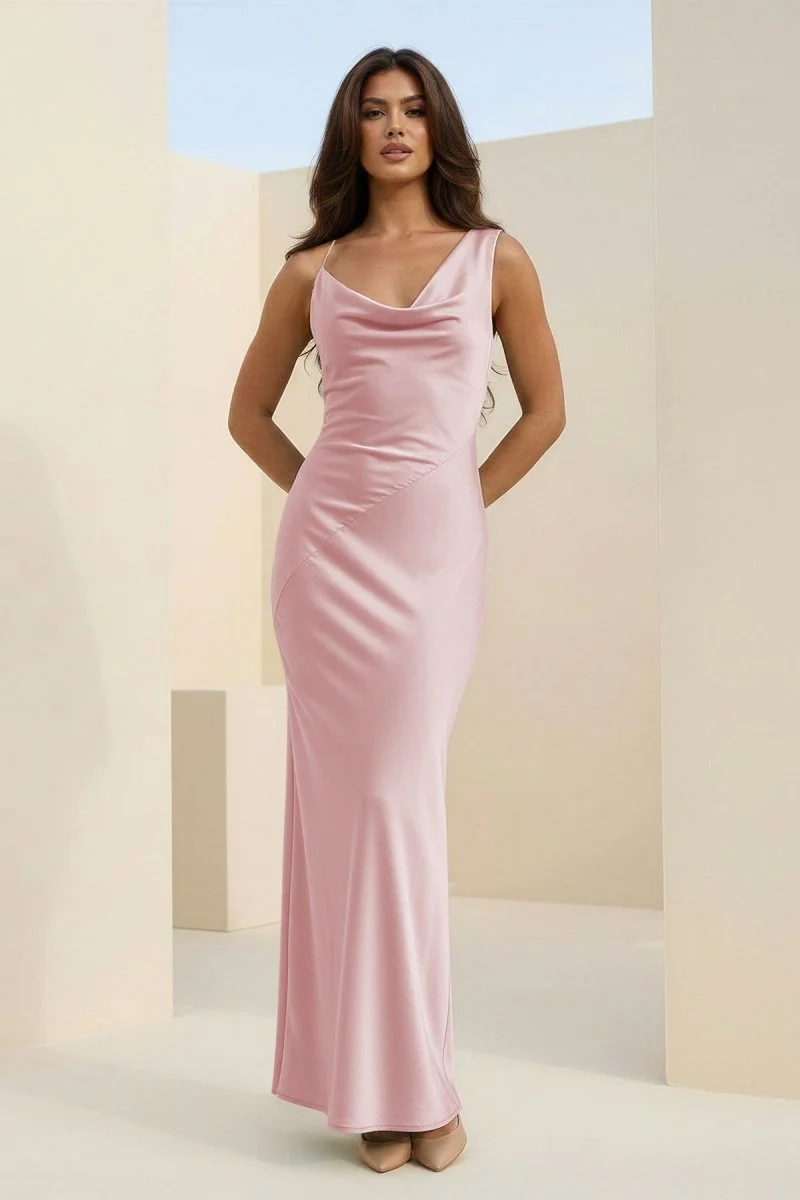 Red Cowl Neck Sleeveless Sheath Satin Backless Long Prom Dresses