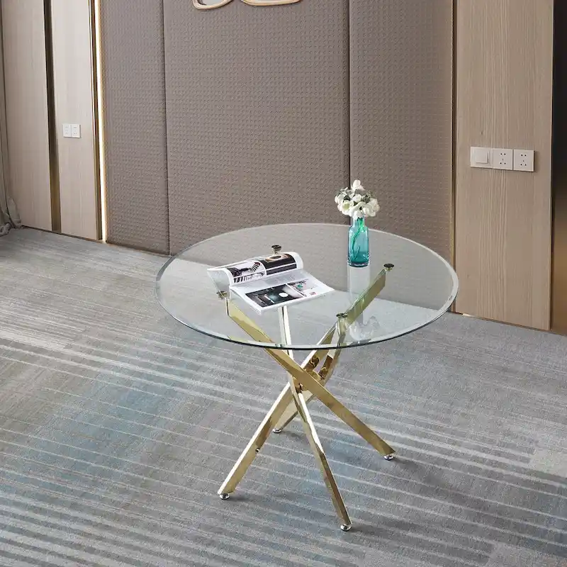 Round Glass Dining Table, Silver/Gold, Modern Style, Seats 4