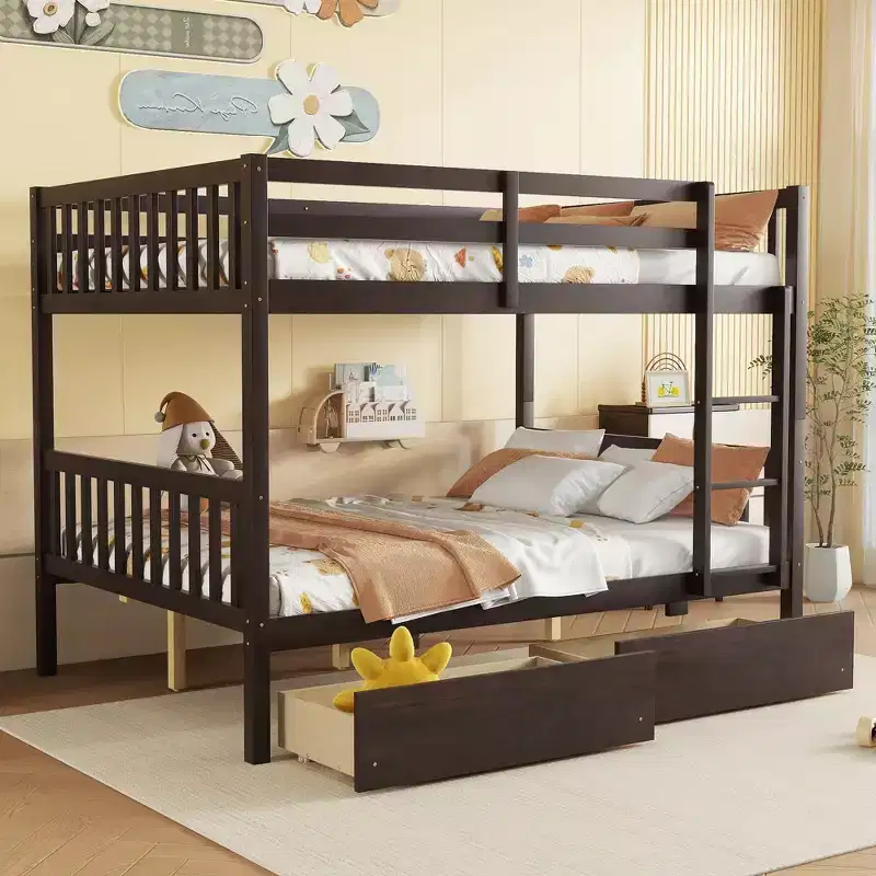 Bellemave Full Over Full Bunk Bed with 2 Drawers and Ladder , Rubber Wood Bunk Bed with Safety Guardrails ,Convertible into 2 Full Beds