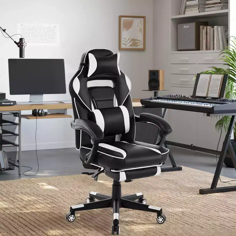 Reclining Ergonomic Gaming Chair w/ Retractable Footrest, High Back PU Leather Racing Computer Desk Chair w/ Lumbar & Headrest Support for Office
