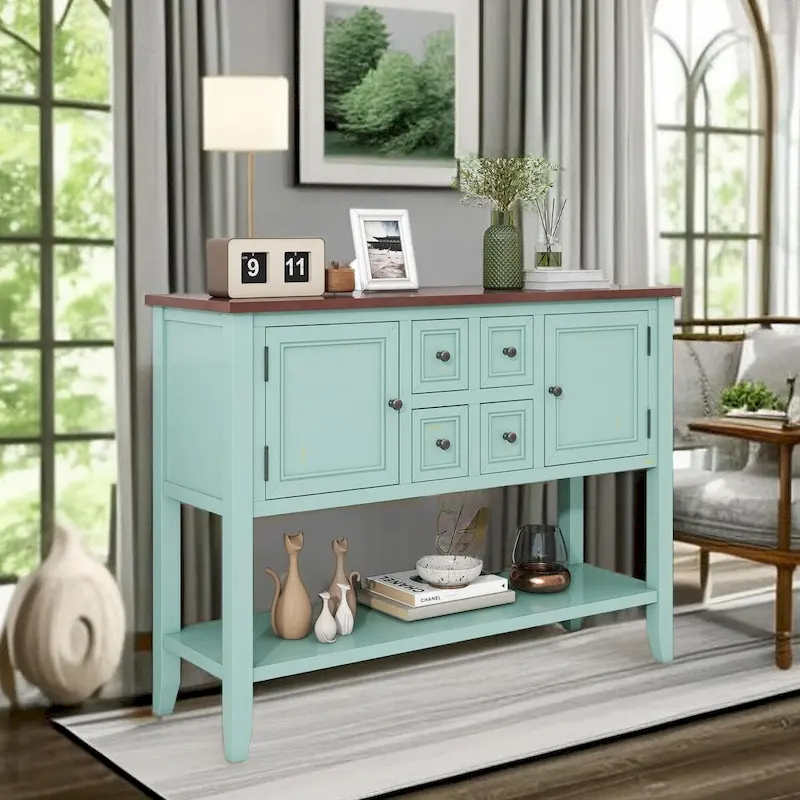 Blue Distressed Finish Console Table with 4 Drawers & 2 Cabinets, Wood Top, Single