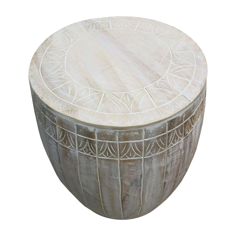 Serenity Side End Table with 16 Inch Round Top, In Antique White Mango Wood