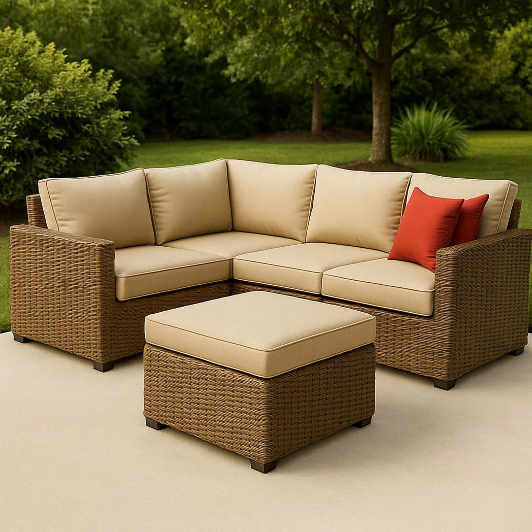 Ensemble de salon de jardin en forme de L en résine tressée avec coussins en polyester beige/rouge