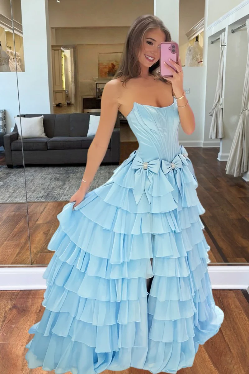 Sky Blue - Scoop Neck A Line Chiffon Tiered Prom Dresses With Bowknot