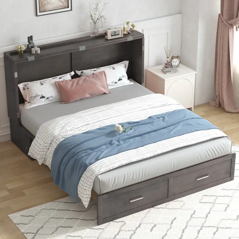 Queen Murphy Bed Chest with Mattress, Storage Drawer and Charging Station