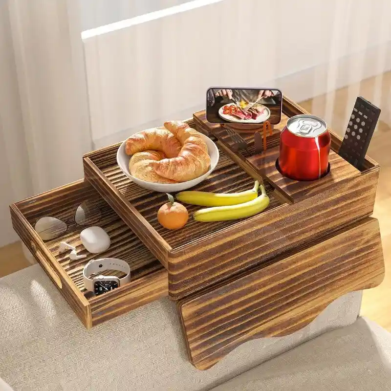 Brown Wooden Sofa Armrest Tray with Cup Holders - Multi-Person Use