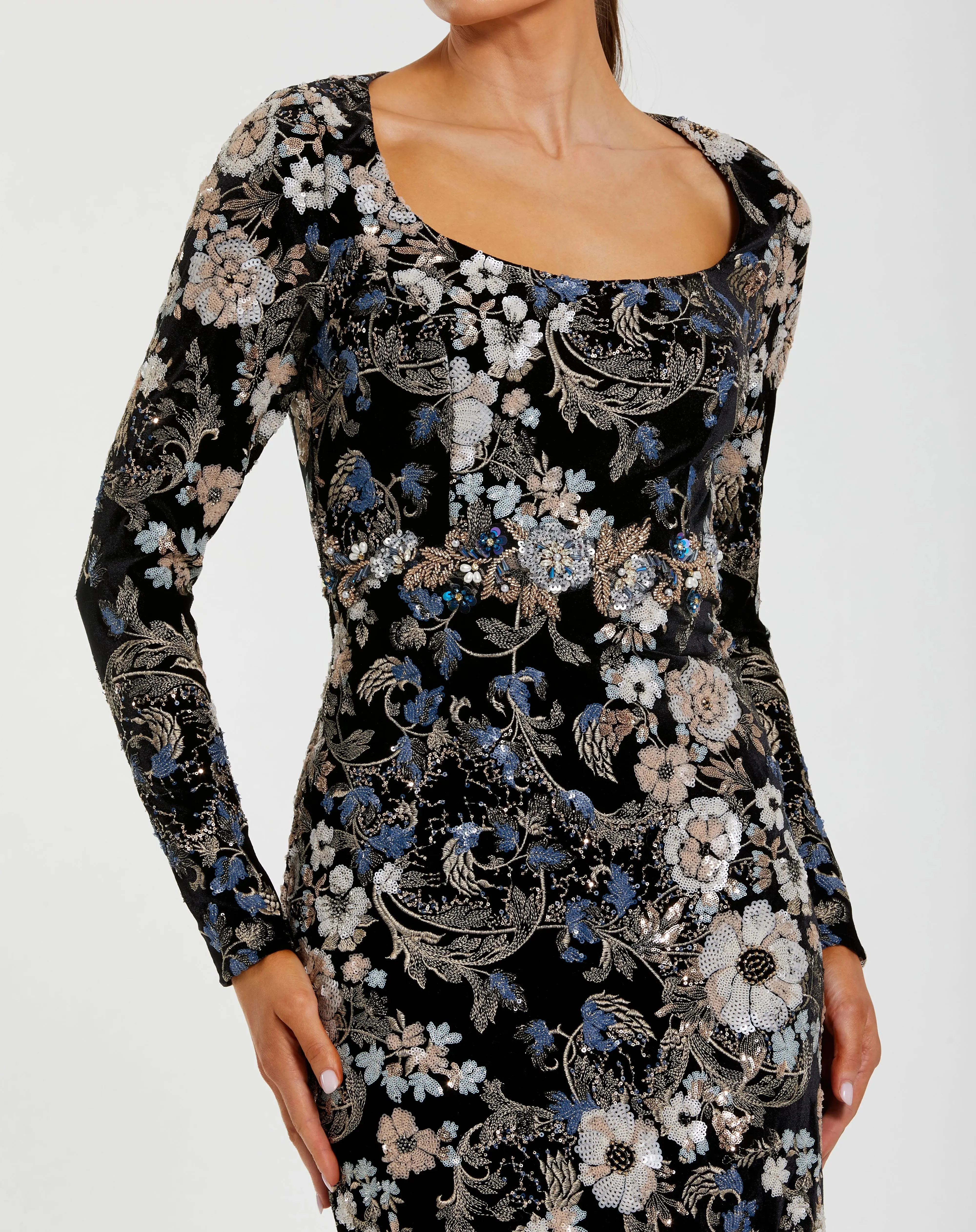 Black Multicolor Embroidered Velvet Evening Gown with Long Sleeves