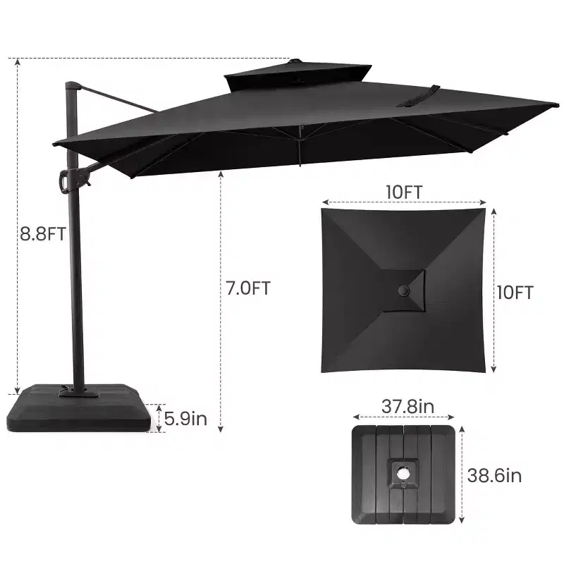 Crestlive Products 10 Feet Square 2-Tier Top Patio Cantilever Offset Umbrella 360 Shade With Weighted Base
