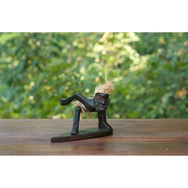 Handmade Wooden Primitive Tribal Funny Statue Surfing Sculpture Tiki Bar Figurine Hand Carved Surf