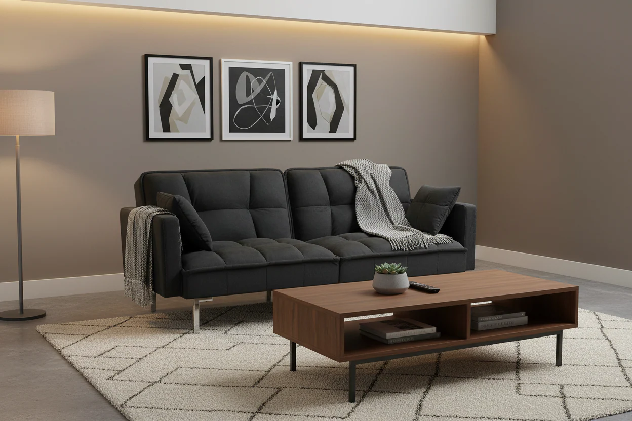 Convertible sofa bed, velvet pull-out sofa, medieval-style tufted design, metal legs.