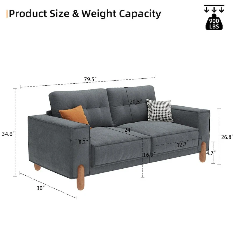 Modern Teddy Fabric Upholstered Sofa w/ Wood Legs and 2 Pillows