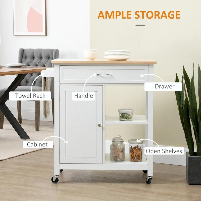 Rolling Kitchen Island Cart with Solid Wood Top and Drawer