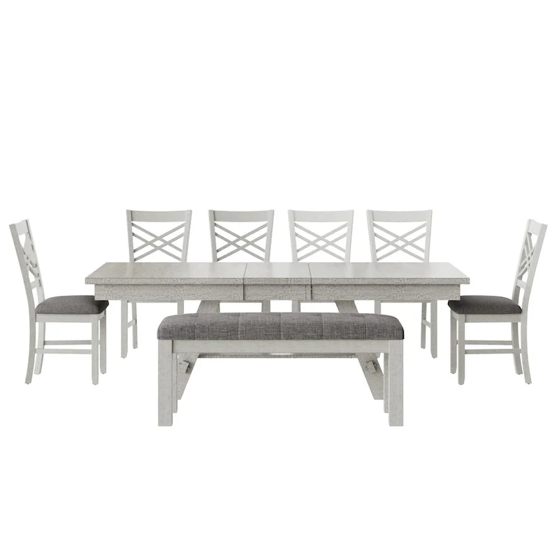 VECELO 6/8-Piece Dining Table Set with Bench, Solid Wood Rectangular Extendable Dining Table & 4 Solid Wood Dining Chairs