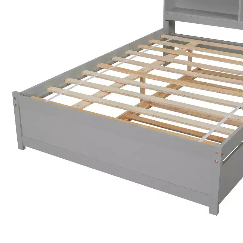 Gray Full Platform Bed with Trundle & Bookcase, 1-Person